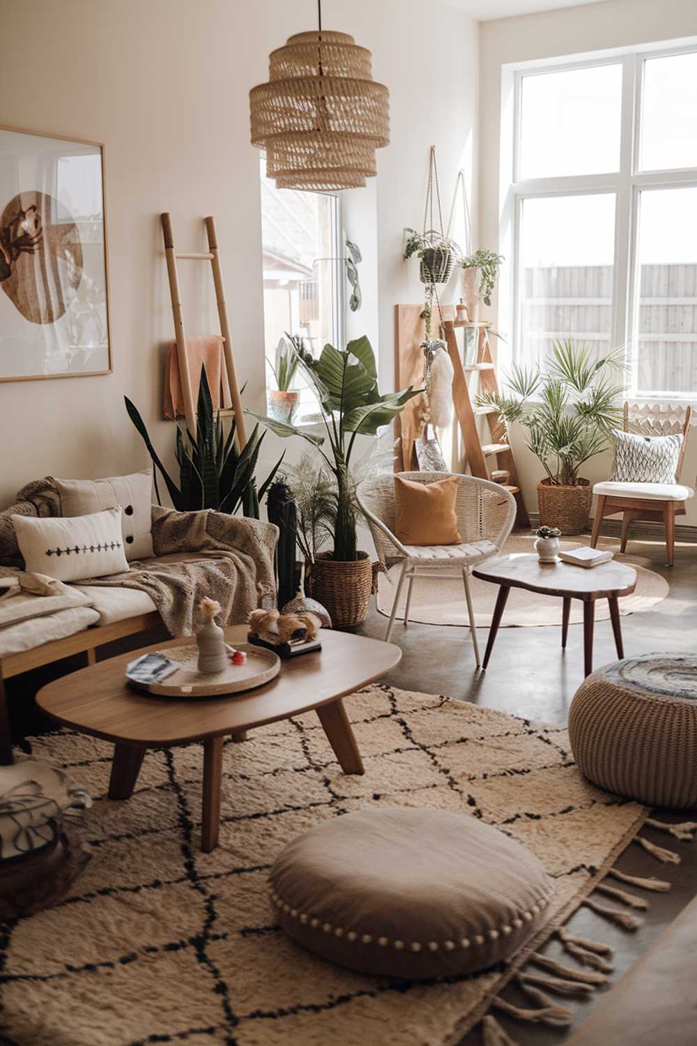 A modern bohemian house living room design and decor. There are various elements in the room, including a plush rug, a few cushions, a wooden coffee table, a few potted plants, and a few decorative items. There's a sofa with cushions, a few chairs, and a ladder. The walls have some artwork. The room has a few windows. The overall design is warm and inviting.