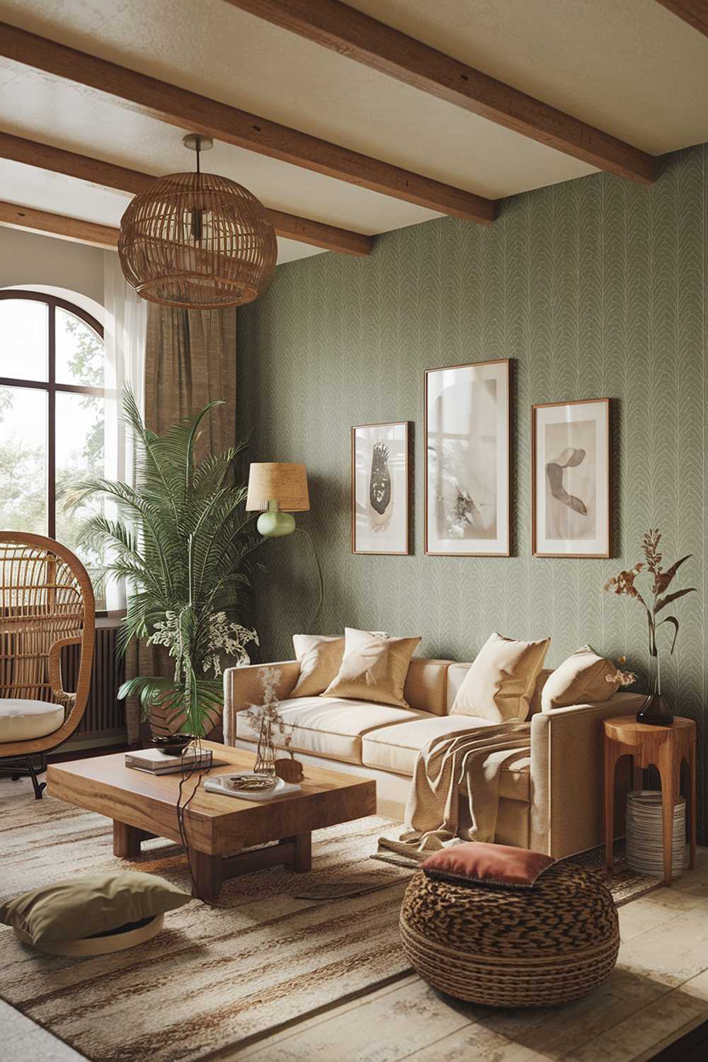 A modern boho house living room design and decor. The room has a beige sofa with multiple cushions, a wooden coffee table, and a vintage lamp. There's a rattan chair and a plant near the window. The walls have a green patterned wallpaper. There's a rug on the floor. The room has wooden beams on the ceiling.