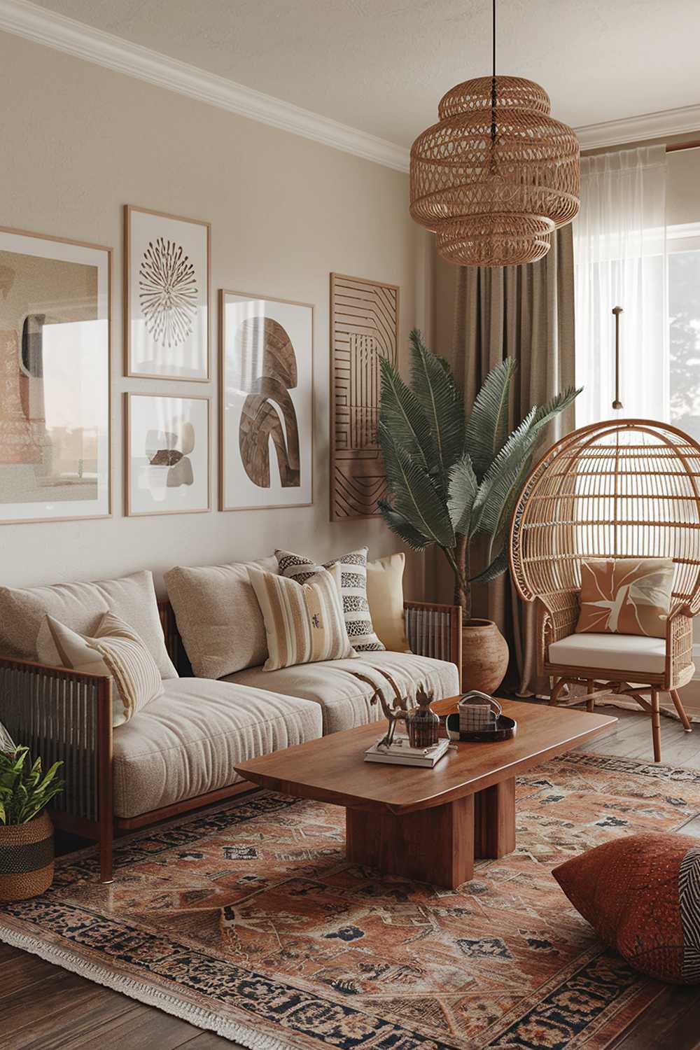 A modern boho house living room design and decor. The room has a beige sofa with multiple cushions, a wooden coffee table, and a plant in the corner. There's a rattan chair near the window. The walls are adorned with various artwork and decor items. The room has a Persian rug and a few throw pillows with patterns. The lighting is warm and inviting.