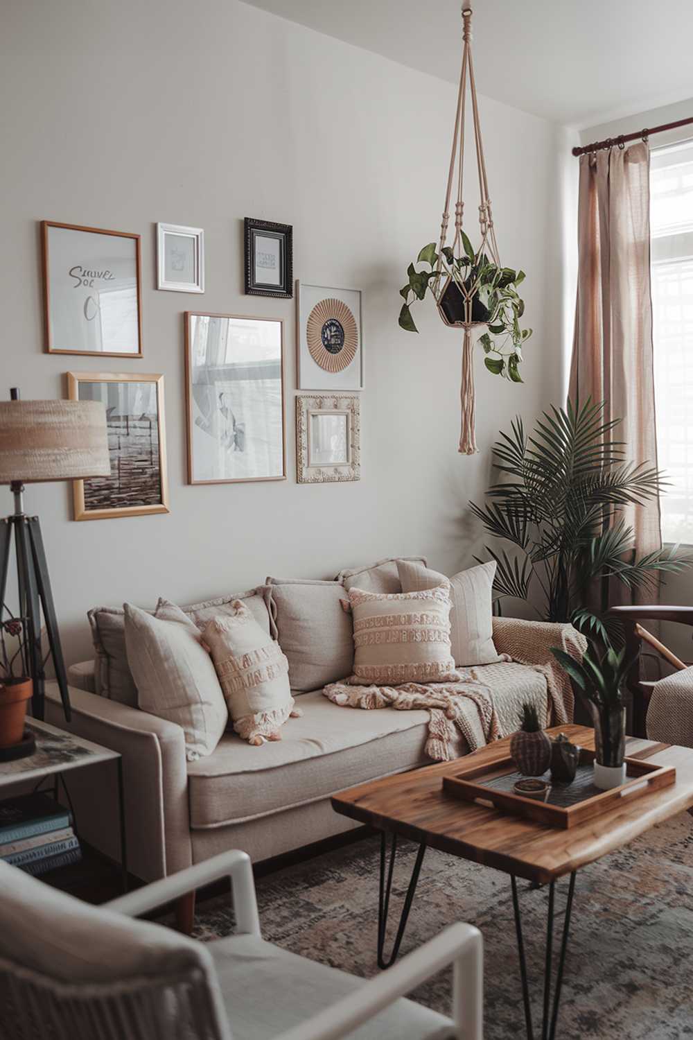 A modern boho house living room design and decor. The room has a beige sofa with multiple cushions, a wooden coffee table, and a vintage lamp. There's a plant in the corner. The walls are adorned with a gallery wall of frames and a hanging macrame plant holder. The floor is covered with a rug.