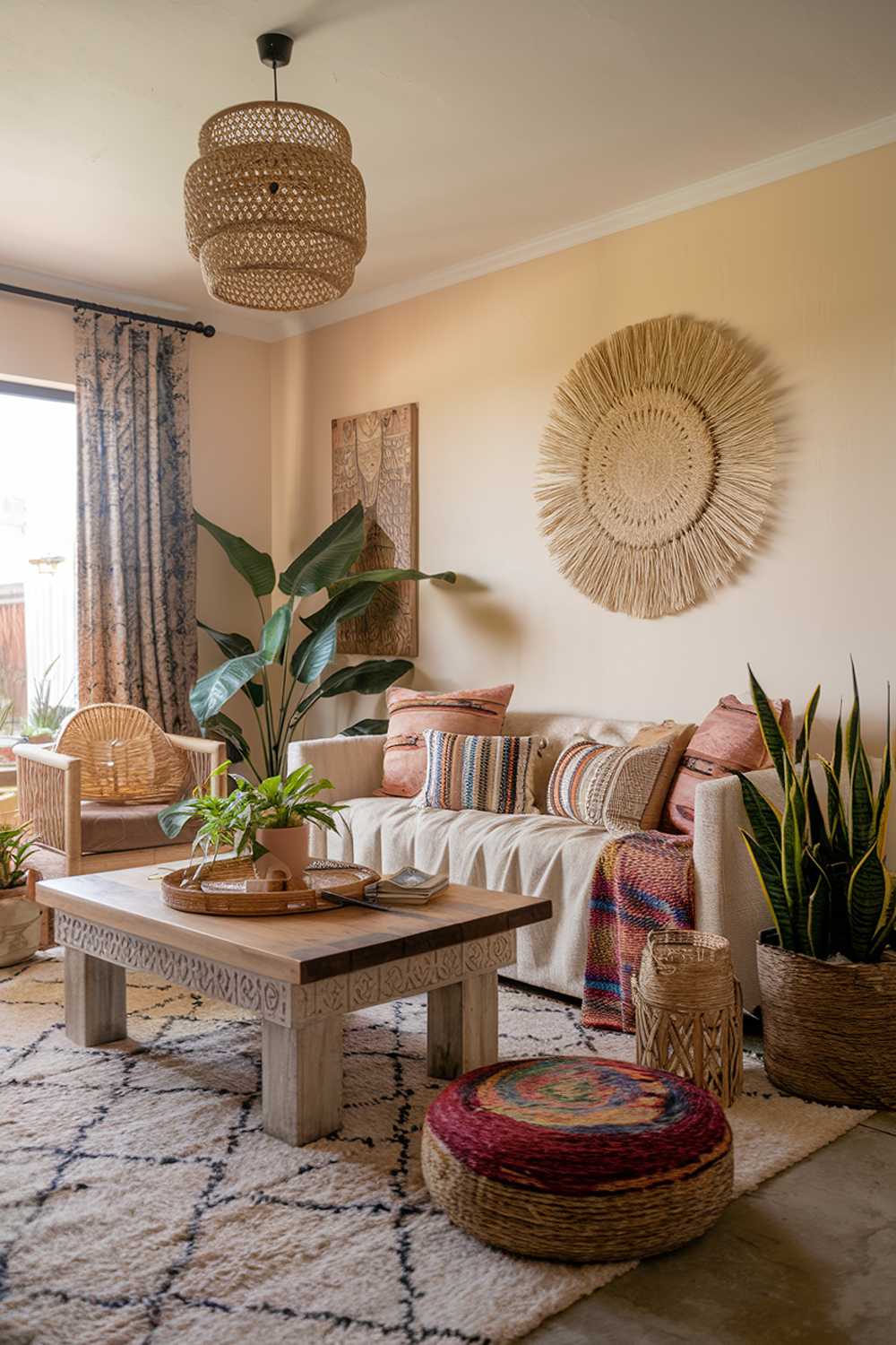 A modern boho house living room. The room features a plush rug, a beige sofa with a variety of colorful cushions, a wooden coffee table with carvings, and a few potted plants. There are also a few decorative items, such as a woven basket, a lantern, and a few books. The walls are adorned with a few pieces of art. The room has a warm lighting.