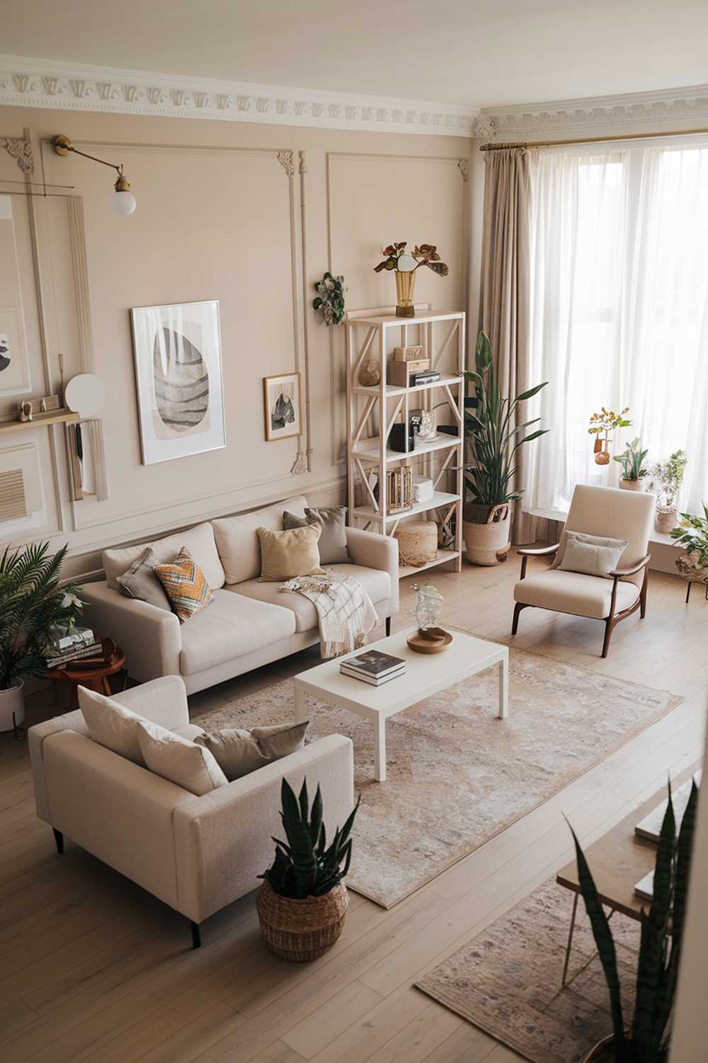 A modern boho house living room design and decor. The room has a light colour scheme with beige walls, white furniture, and light wood flooring. The furniture includes a beige sofa, a white coffee table, a white bookshelf, and a beige chair. There are also a few plants scattered around the room. The walls have some artwork and a few shelves. The room has a large window with a curtain. The floor has a rug.