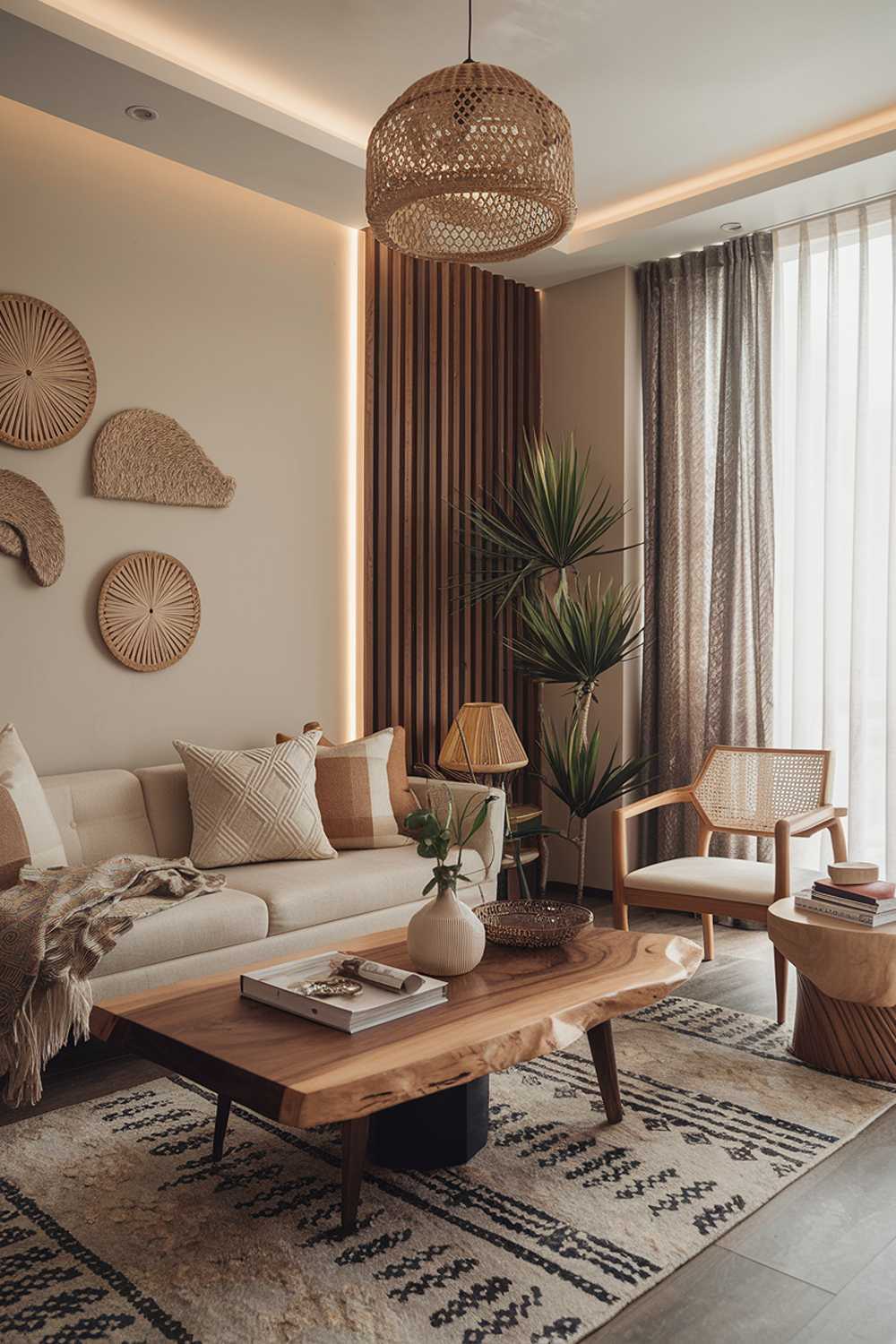 A modern boho house living room design and decor. The room has a beige couch, a wooden coffee table, and a few decorative items. There's a plant in the corner and a few books on the table. The room has a patterned rug and a wooden accent wall.