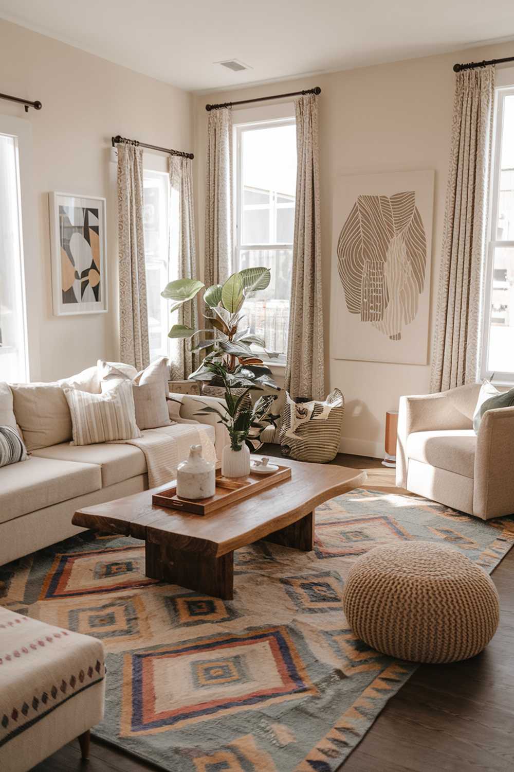 A modern boho house living room design and decor. The room has a beige sofa, a patterned rug, a wooden coffee table, a plant, and a few decor items. There are also a beige chair and a pouf. The walls have a few pieces of art. The room has a few windows with curtains.