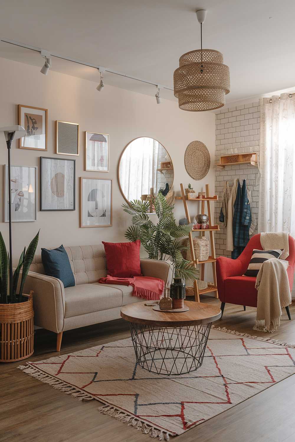 A modern boho house living room design and decor. The room features a beige sofa with red and blue cushions, a red armchair with a beige blanket, a coffee table with a wooden top and a metal base, and a plant. There's a rug with a geometric pattern under the coffee table. The walls are adorned with a gallery wall of framed artwork and a large, round mirror. There's a wooden shelf near the wall with a few decorative items. The room has a few items of clothing draped over a chair and a nearby wall. The room has a few lamps, including a floor lamp near the sofa and a table lamp on the wooden shelf. The room has a few decorative items, such as a wicker basket, a wooden vase, and a few books. The overall ambiance of the room is warm and inviting.