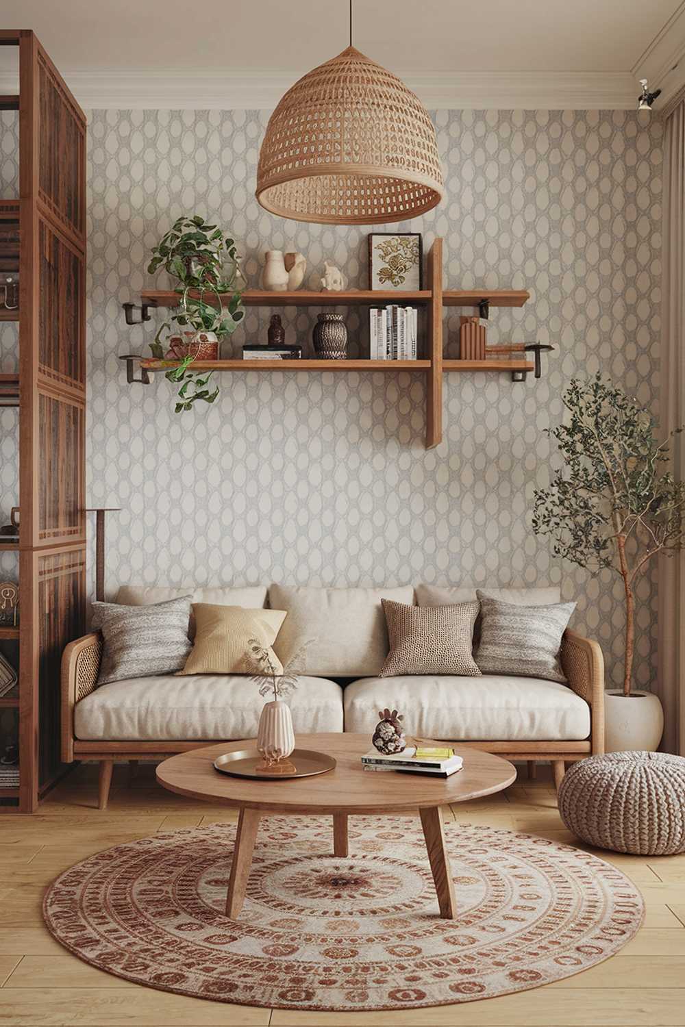 A modern boho house living room design and decor. The room has a beige sofa with multiple pillows in various patterns. There's a wooden coffee table with a round pattern rug underneath it. A plant in a white pot is placed on the side of the sofa. A wooden shelf with various decorative items hangs above the sofa. The walls have a patterned wallpaper.