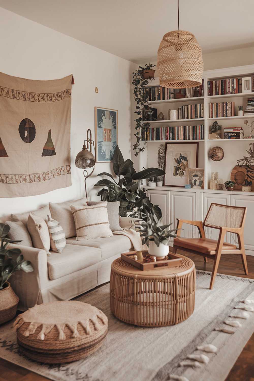 A modern boho house living room design and decor. The room features a beige sofa with multiple cushions, a white bookshelf filled with books and decorative items, a rattan coffee table, and a few potted plants. There's a vintage lamp next to the sofa and a wooden chair in the corner. The walls are decorated with a tapestry and a few pieces of art. The floor is covered with a rug.