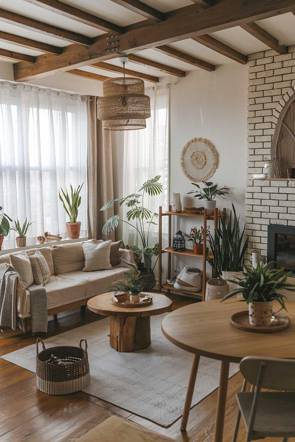 A modern boho house living room design and decor. The room has a rustic wooden beam ceiling, a brick wall, and a fireplace. There's a beige sofa with cushions, a round wooden table, and a few chairs. The room is filled with potted plants, a plant shelf, and decorative items such as a lantern and a basket.