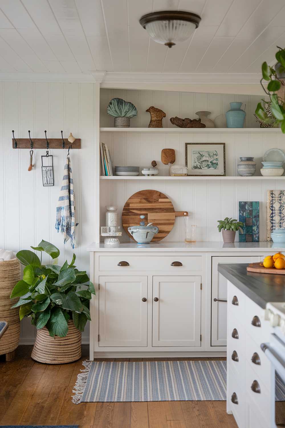 Modern coastal kitchen featuring white cabinets with open shelving, wooden accents, and decorative elements