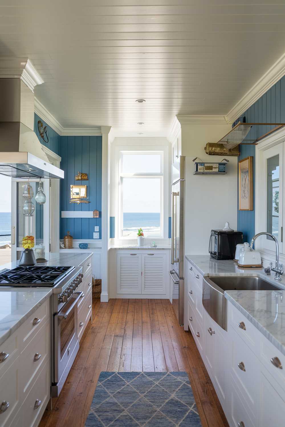 Modern coastal kitchen with ocean view, blue accent walls, and stainless steel appliances