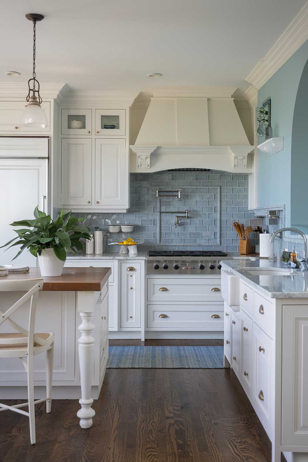 Modern coastal kitchen featuring white island, wooden top, and blue tile backsplash