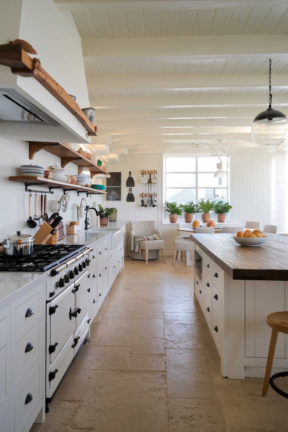 Modern coastal kitchen with white cabinets, rustic wooden countertop, and wooden shelf storage