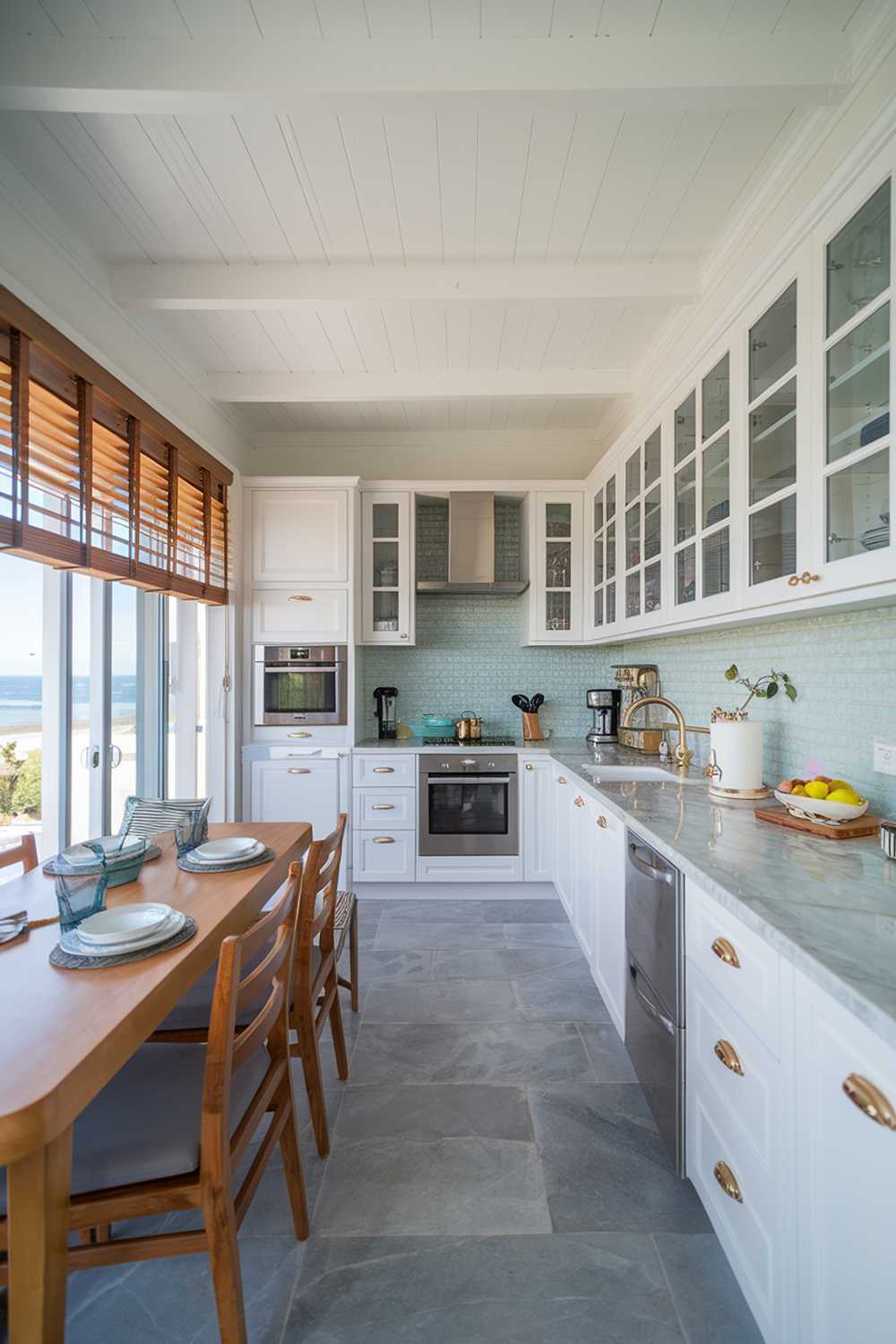 Modern coastal kitchen with marble countertops, blue textured backsplash, and wooden dining area