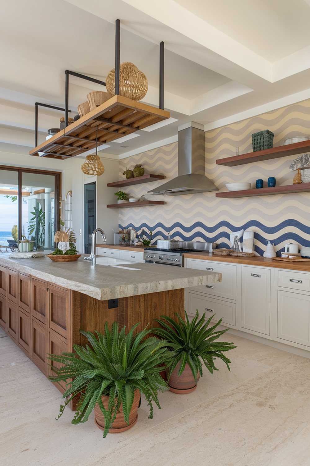 Modern coastal kitchen featuring beige and blue wave pattern backsplash with wooden island