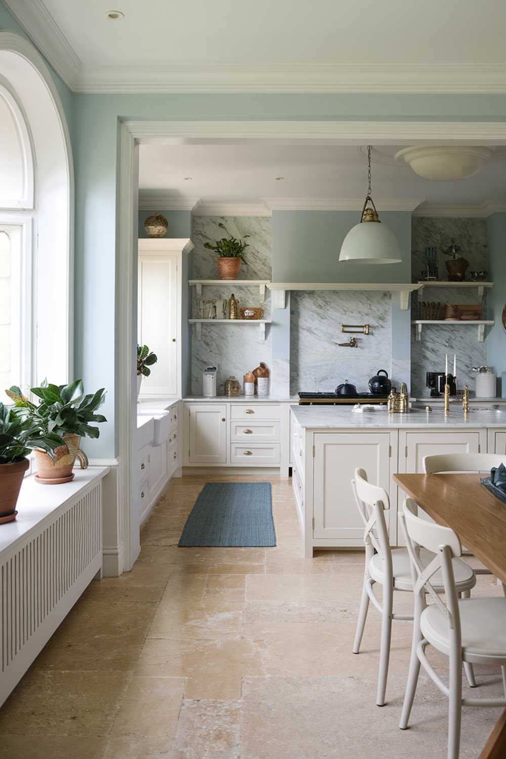 Modern coastal kitchen with white island, marble features, and soft blue walls