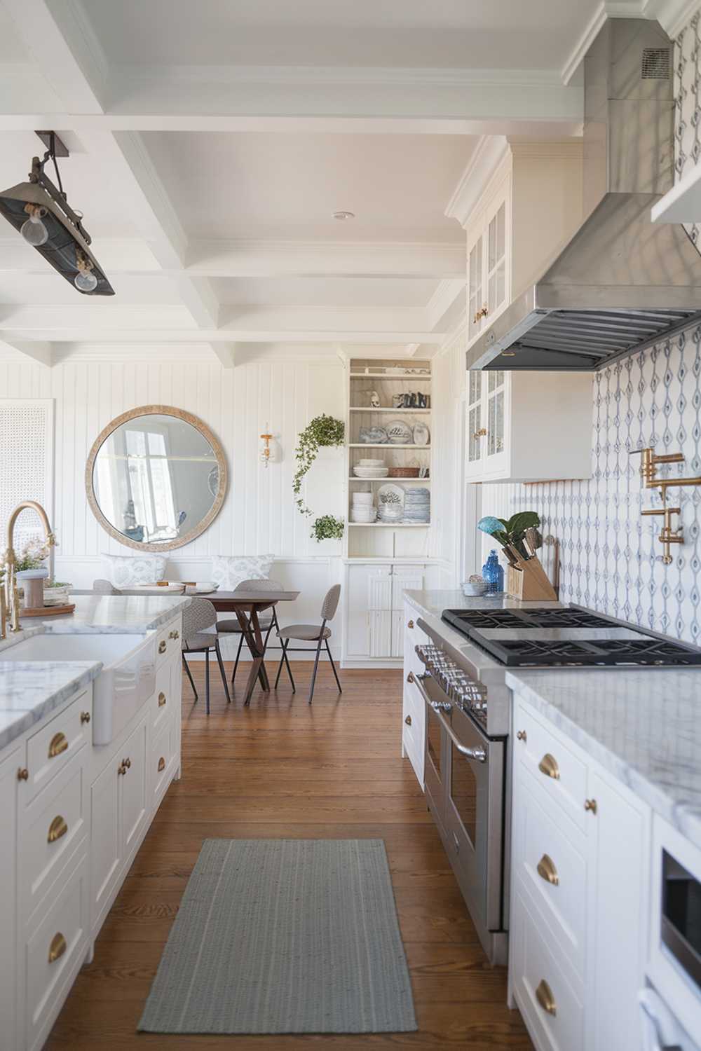 Modern coastal kitchen featuring brass hardware, blue and white tile backsplash, and farmhouse sink