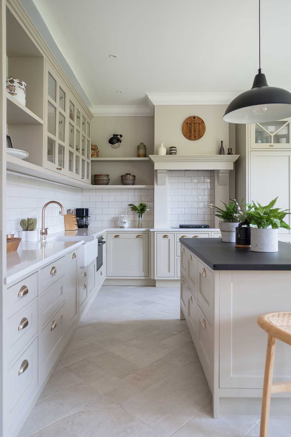 Modern coastal kitchen with light grey cabinets, black accents, and open shelving