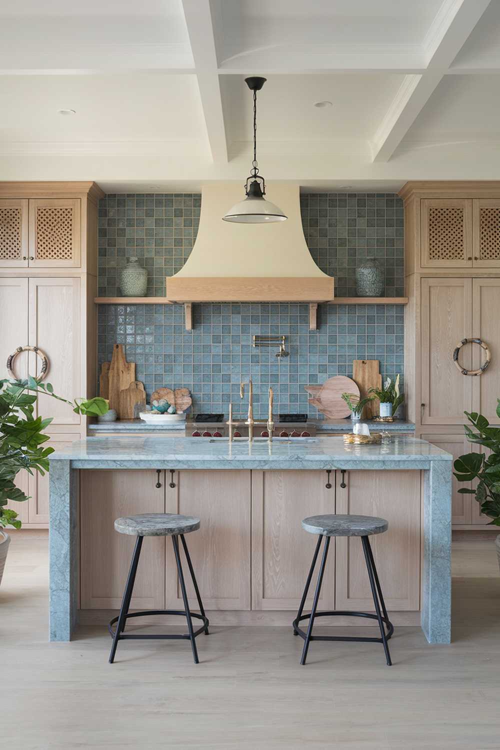 Modern coastal kitchen with large marble island, blue tile backsplash, and light wood cabinets