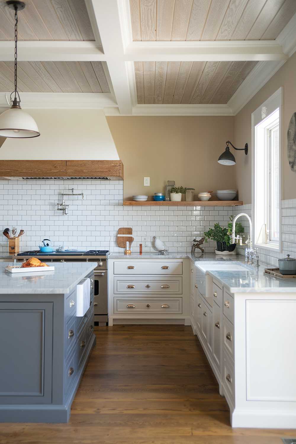 Modern coastal kitchen featuring white subway tiles, dark gray island, and wooden ceiling