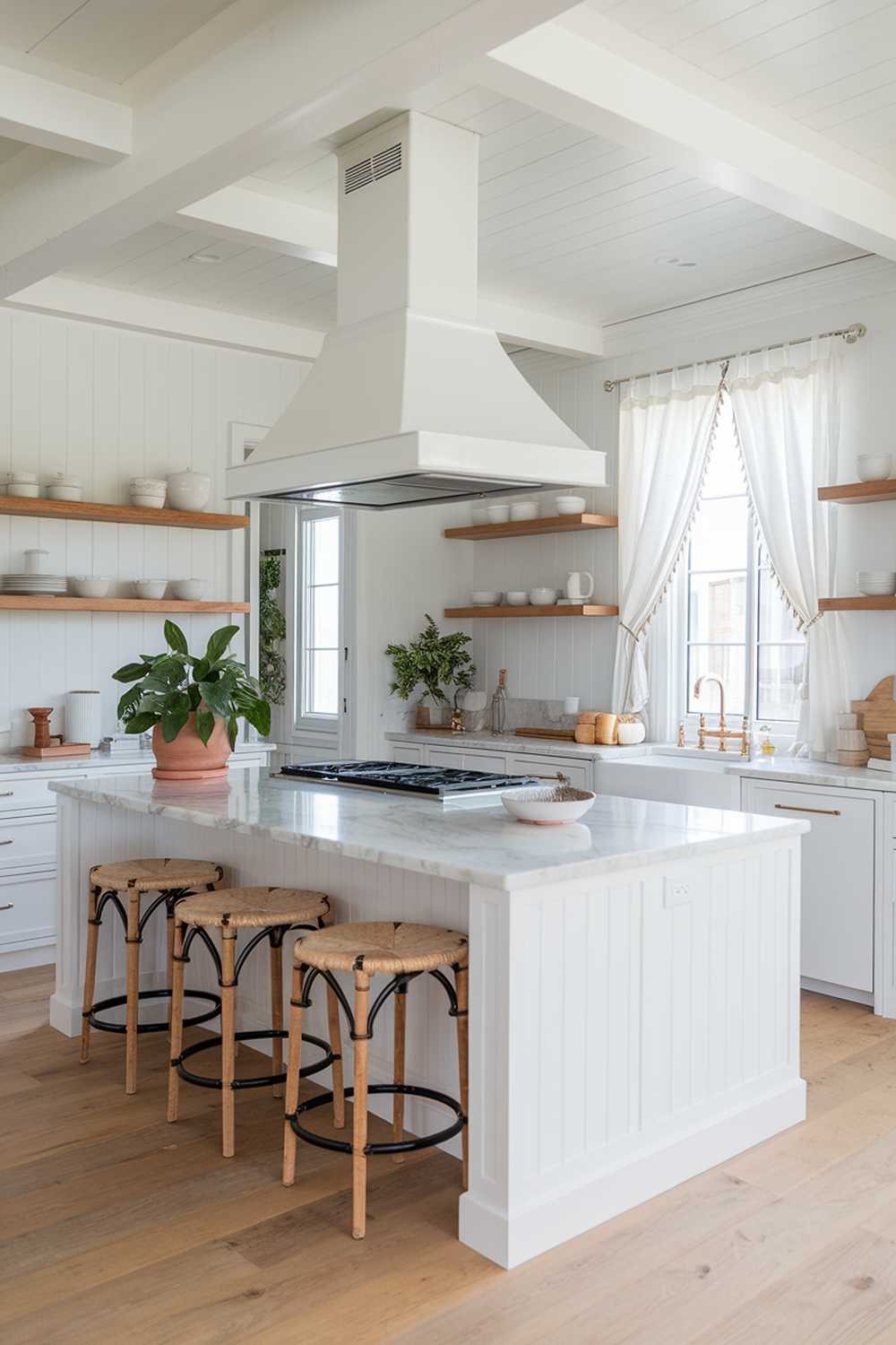 Modern coastal kitchen with white design, marble island, and wooden shelving