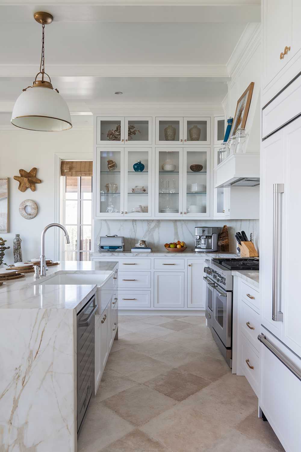 Modern coastal kitchen with glass cabinet doors, marble features, and pendant lighting