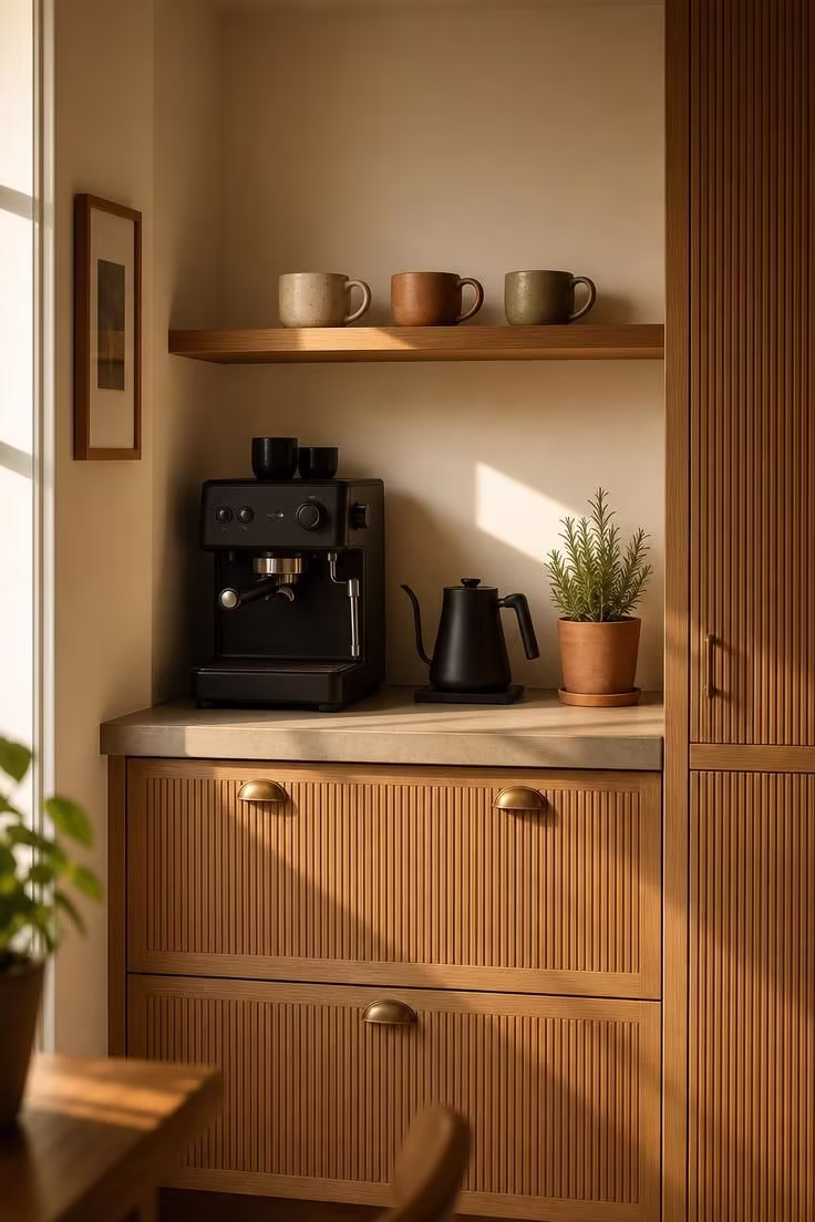 11 Modern Coffee Bar Ideas That Make Mornings Feel Special 1 Fluted oak cabinet coffee bar with honed concrete countertop and matte black espresso machine in warm golden morning light