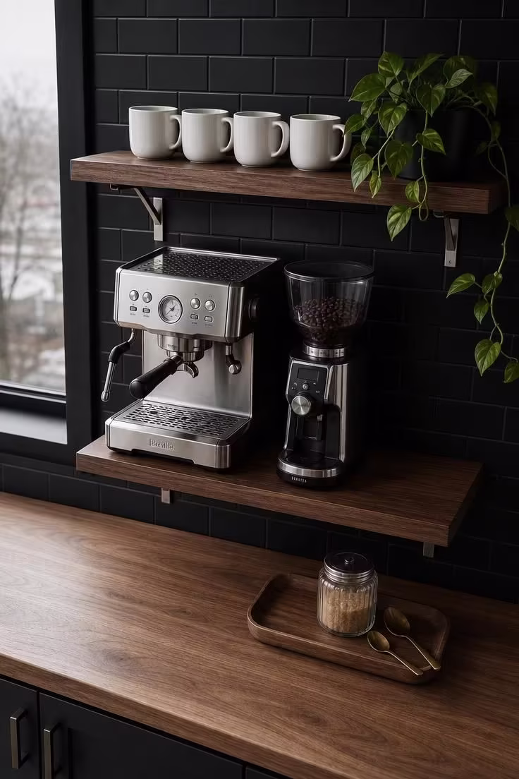 11 Modern Coffee Bar Ideas That Make Mornings Feel Special 2 Two floating walnut shelves on a matte black subway tile backsplash with espresso machine and ceramic mugs in cool diffused light