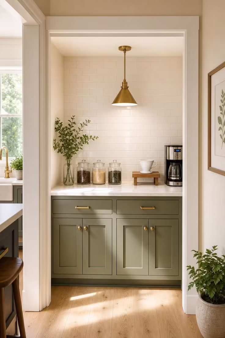 11 Modern Coffee Bar Ideas That Make Mornings Feel Special 3 Recessed kitchen coffee nook with sage green lower cabinets and white quartz countertop in bright midday light