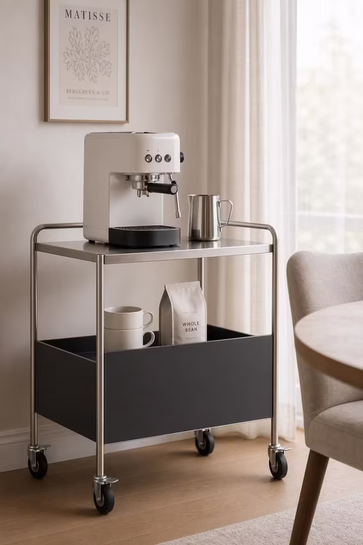 11 Modern Coffee Bar Ideas That Make Mornings Feel Special 4 Charcoal slab-front stainless steel coffee cart with espresso machine in a dining room corner with soft diffused light