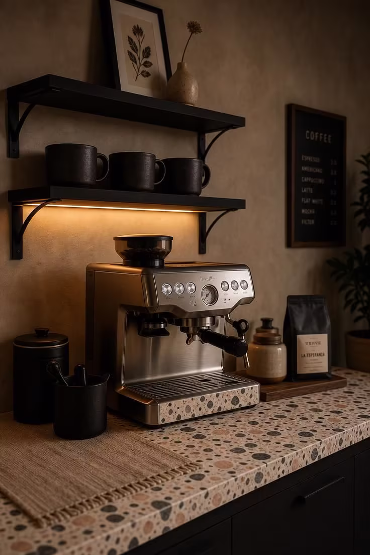 11 Modern Coffee Bar Ideas That Make Mornings Feel Special 5 Terrazzo countertop coffee bar with powder-coated steel bracket shelves and warm LED strip lighting in moody low light