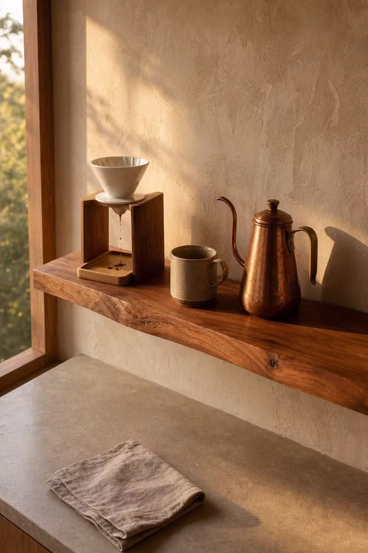 11 Modern Coffee Bar Ideas That Make Mornings Feel Special 6 Minimalist Japanese-inspired pour-over coffee corner with cedar shelf and copper kettle on lime-washed wall in golden afternoon light