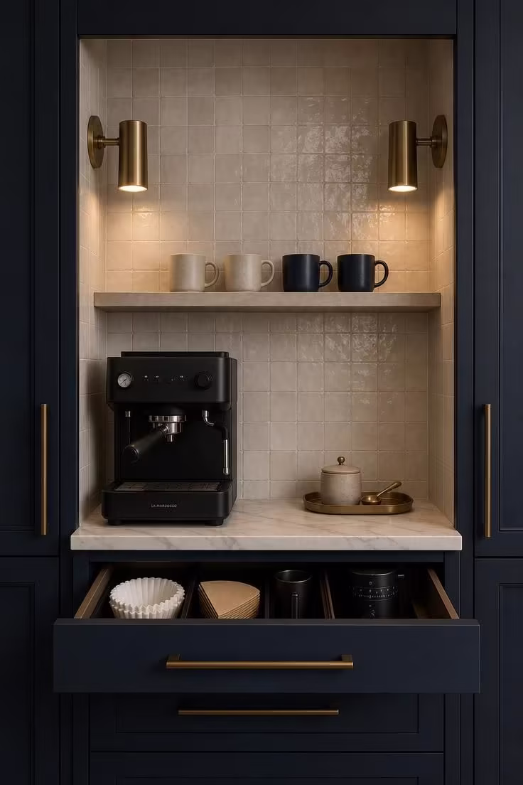 11 Modern Coffee Bar Ideas That Make Mornings Feel Special 7 Navy blue cabinetry coffee bar alcove with creamy zellige tile interior and twin brass sconces in cool overcast light