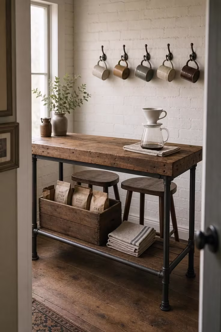 11 Modern Coffee Bar Ideas That Make Mornings Feel Special 9 Reclaimed wood coffee bar on iron pipe frame with mug display hooks on white brick wall in soft diffused light