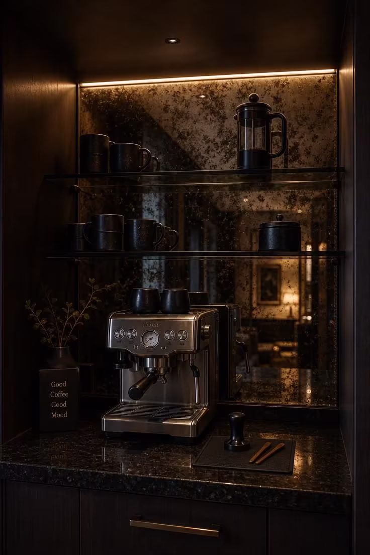 11 Modern Coffee Bar Ideas That Make Mornings Feel Special 10 Mirrored backsplash coffee bar with smoke glass shelves and polished black granite counter in moody amber LED light