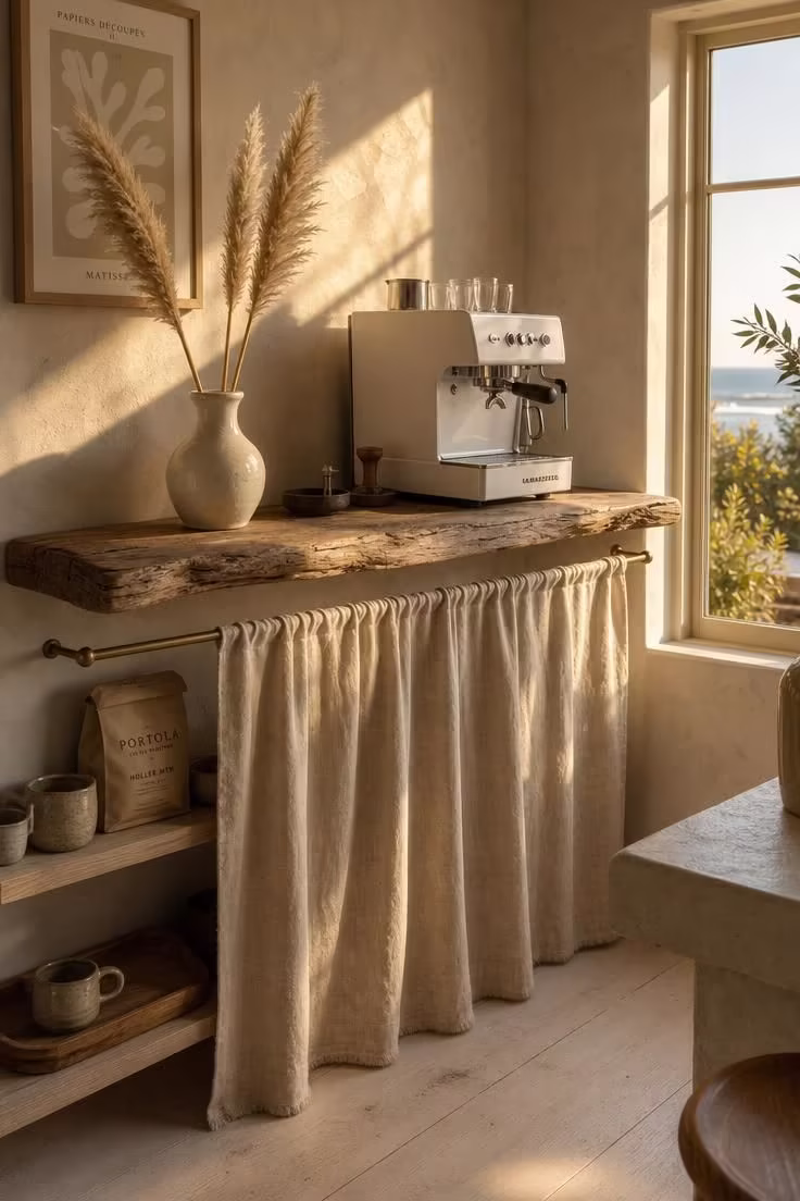 11 Modern Coffee Bar Ideas That Make Mornings Feel Special 11 Driftwood shelf coffee bar on limewash wall with linen curtain concealment and dried pampas stems in warm golden afternoon light