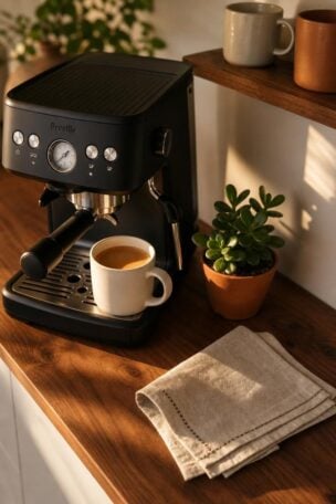 11 Modern Coffee Bar Ideas That Make Mornings Feel Special 14 Styled modern coffee bar vignette with walnut countertop, matte black espresso machine, and ceramic mug in warm golden morning light
