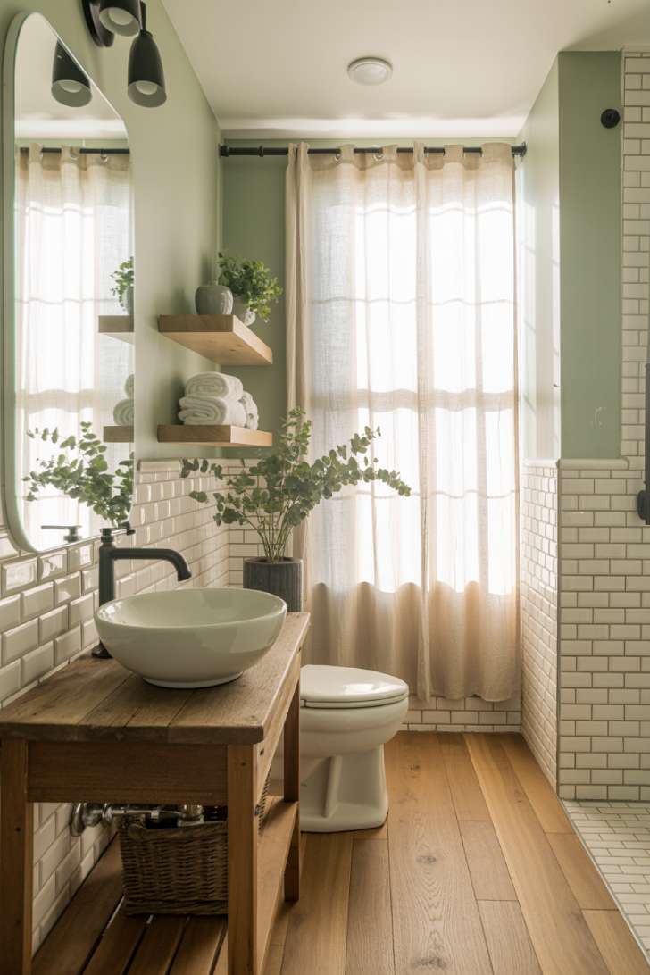 White vessel sink on reclaimed wood vanity in modern cottage bathroom with sage green walls