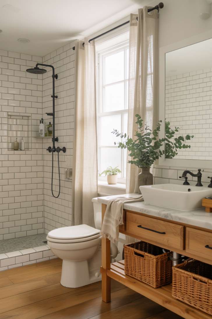 Modern cottage bathroom with walk-in shower, black fixtures, and natural wood vanity