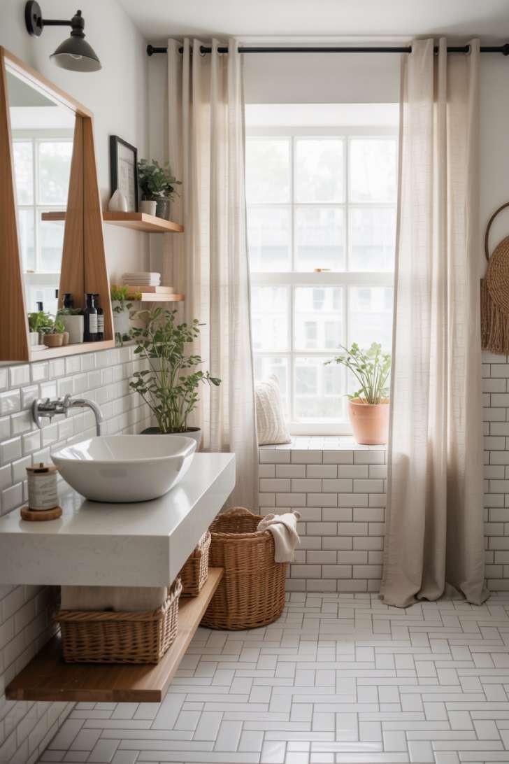 Modern cottage bathroom featuring white subway tiles in herringbone pattern with floating vanity