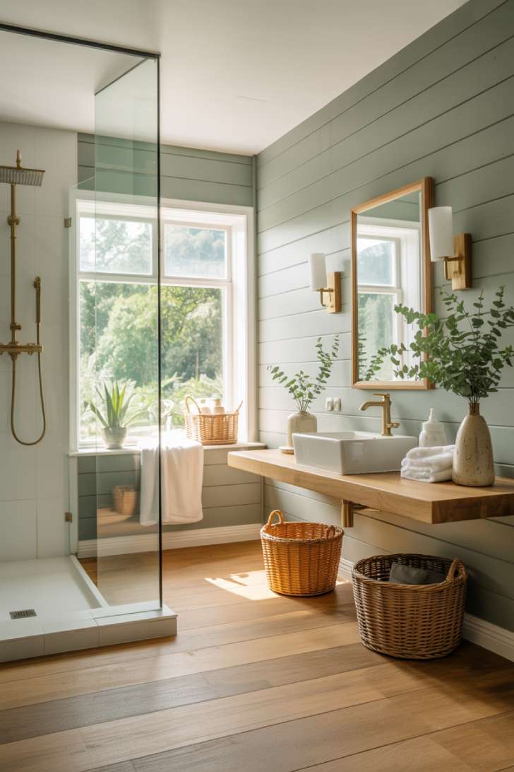 Spacious modern cottage bathroom with sage shiplap walls and brushed brass fixtures