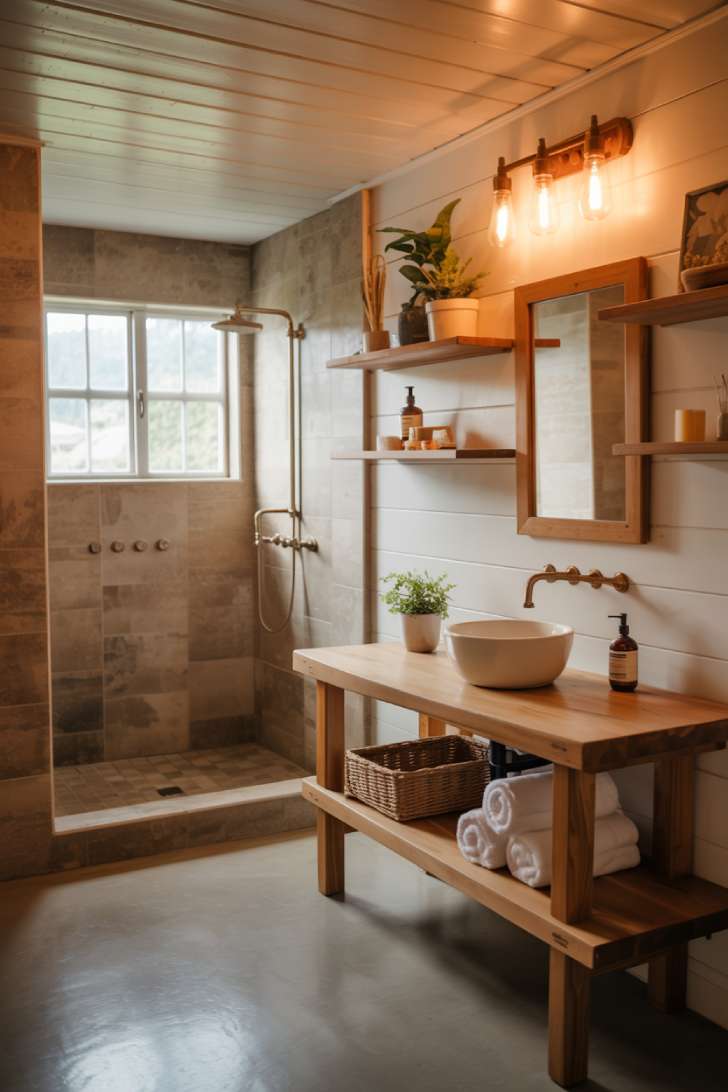 Modern cottage bathroom with polished concrete floors and wooden floating vanity
