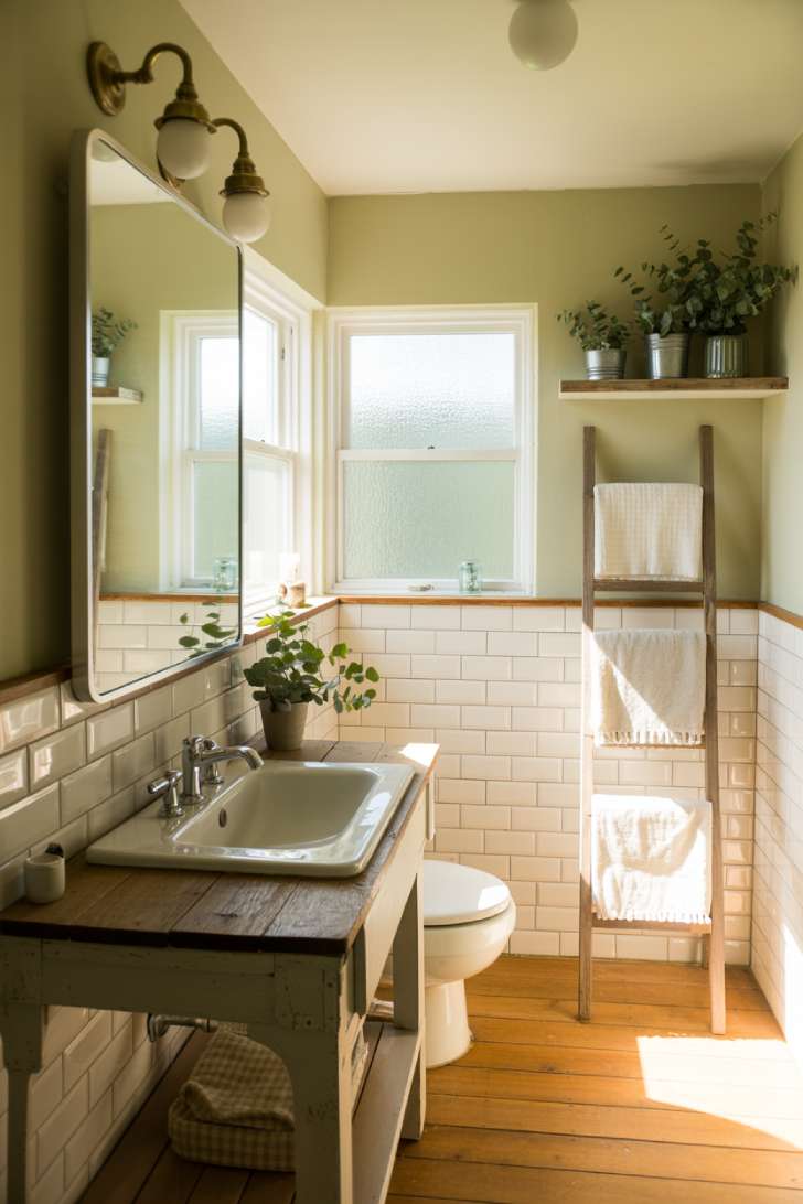 Cozy cottage bathroom with vintage ladder towel rack and floating shelves