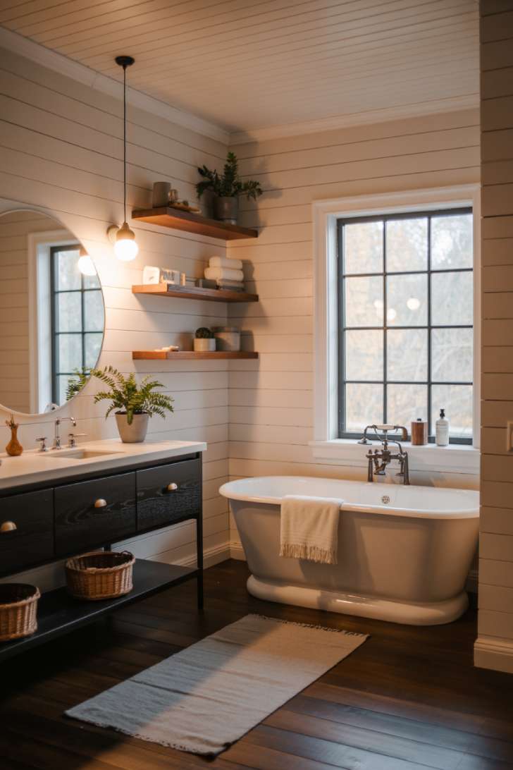 Modern cottage bathroom with freestanding white bathtub beneath black grid window