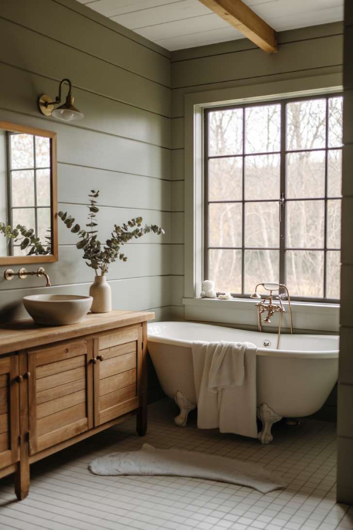 Cozy cottage bathroom with white subway tile flooring and sage green shiplap walls