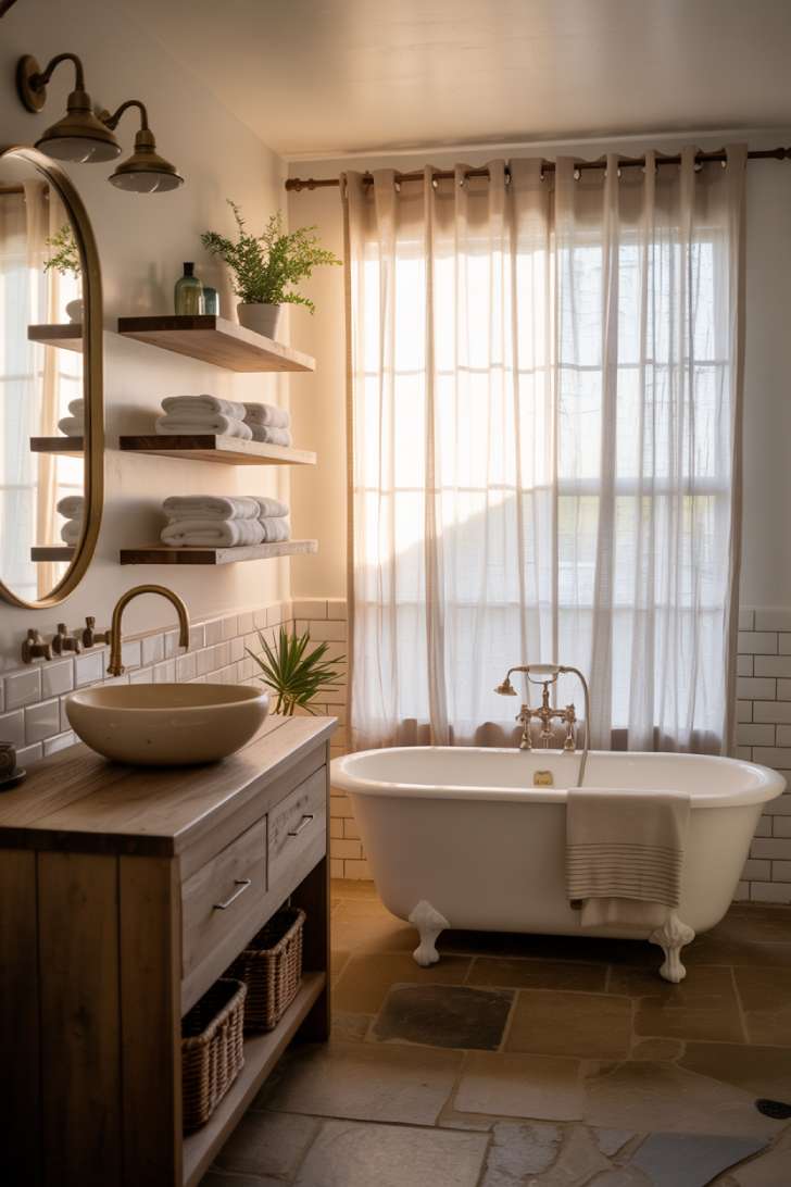 Modern cottage bathroom with natural stone flooring and freestanding white bathtub