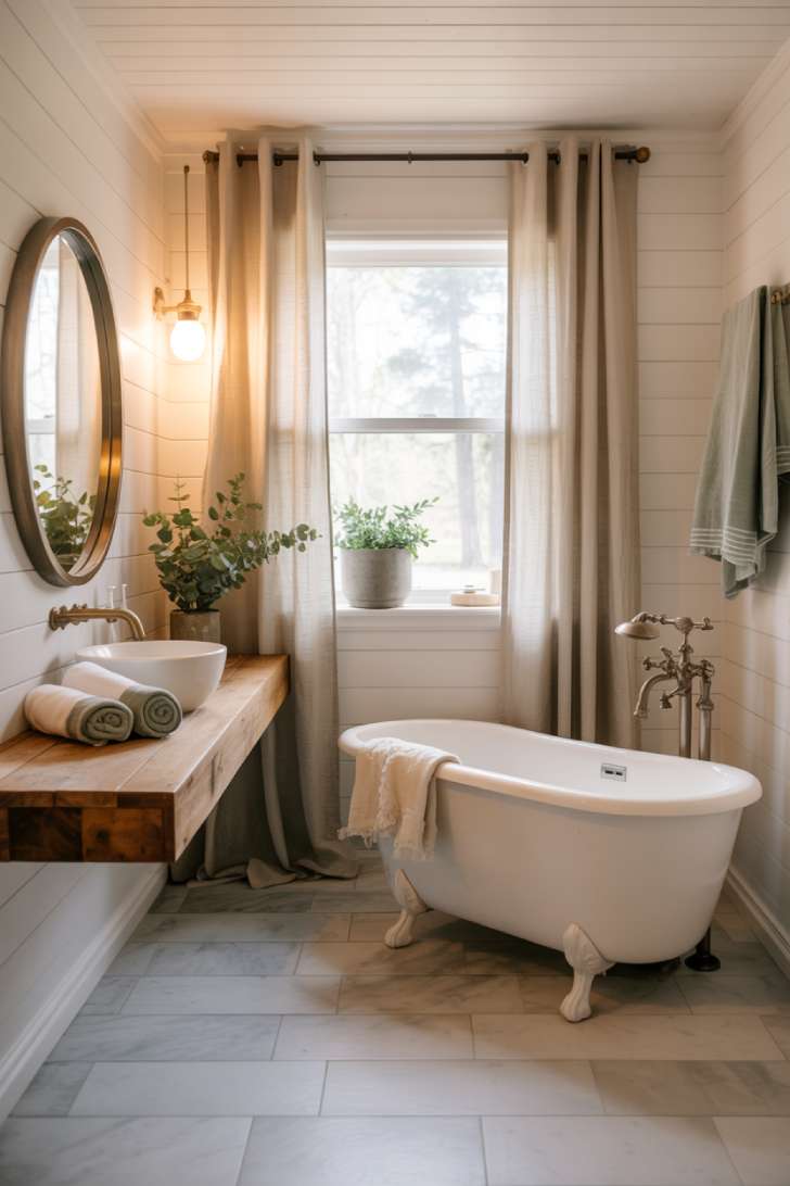 Modern cottage bathroom with large format marble-look tiles and freestanding soaking tub