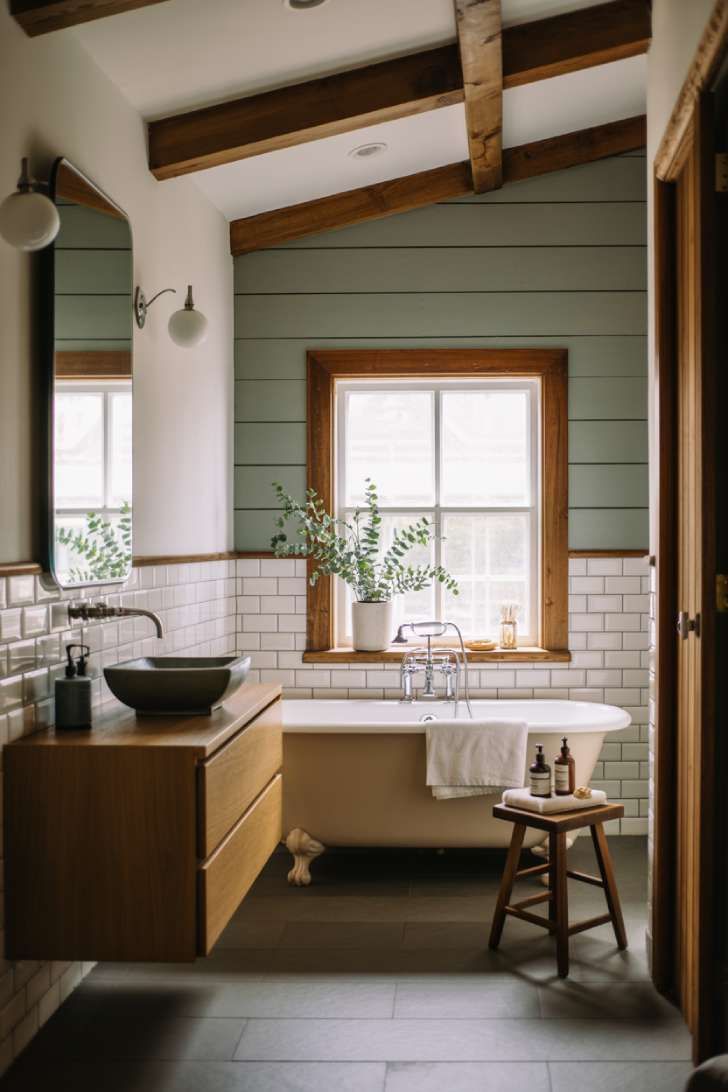 Modern cottage bathroom entrance view with exposed wooden ceiling beams and clawfoot tub