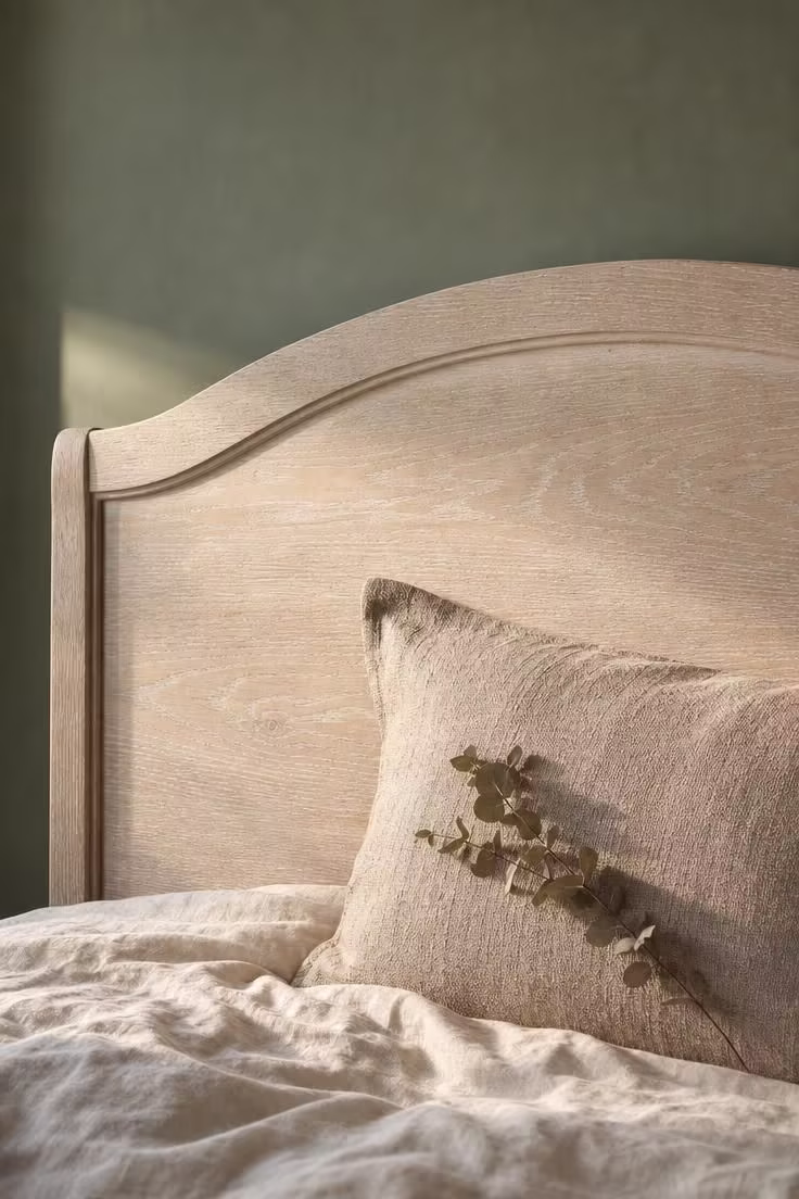 13 Modern Cottage Bedroom Ideas to Slow Your Space Down 1 Lime-washed oak headboard with visible grain against a matte sage green wall, with cream linen bedding and a single textured pillow in warm golden afternoon light