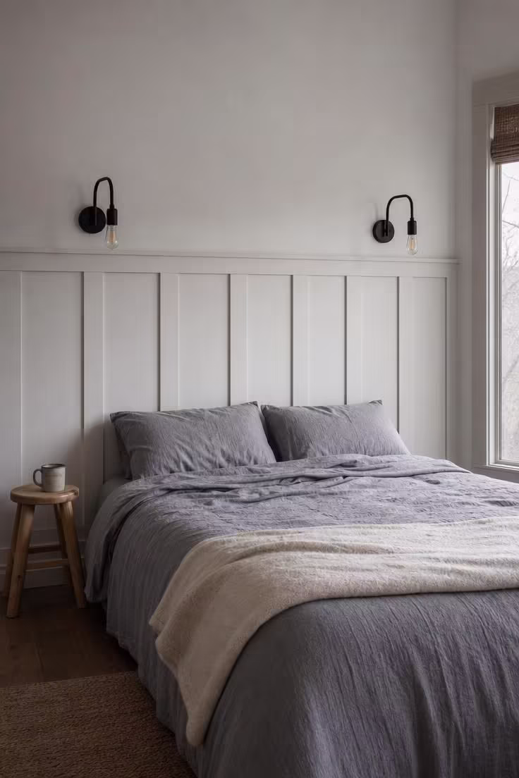 13 Modern Cottage Bedroom Ideas to Slow Your Space Down 2 Matte black iron sconces with exposed filament bulbs flanking a white board-and-batten accent wall behind a bed with gray linen sheets in cool overcast morning light