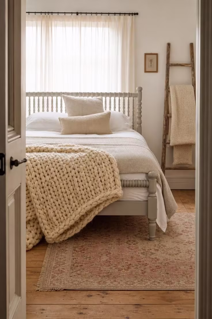 13 Modern Cottage Bedroom Ideas to Slow Your Space Down 3 Painted dove gray spindle bed with a chunky cream merino wool throw draped across the foot, layered bedding in white and oatmeal, and soft diffused light from sheer curtains